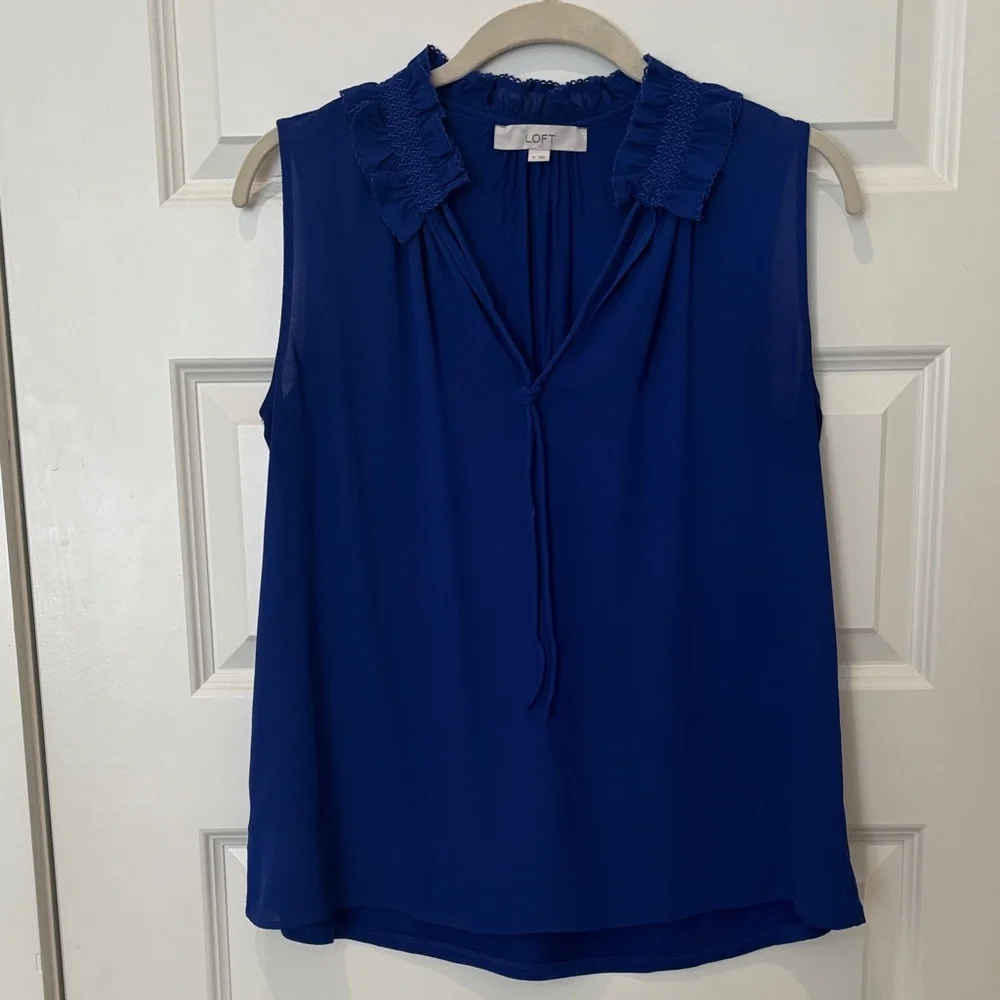 LOFT Deep Blue Ruffle Neck Blouse - Picture 1 of 4